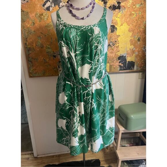 Beth Bowley Green & White 100% Silk Sleeveless Dress Size 10 - Picture 1 of 9